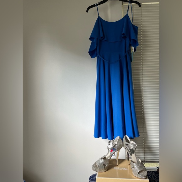 Blue CeCe Cold Shoulder Tea Length Dress, size 12 - Picture 8 of 11